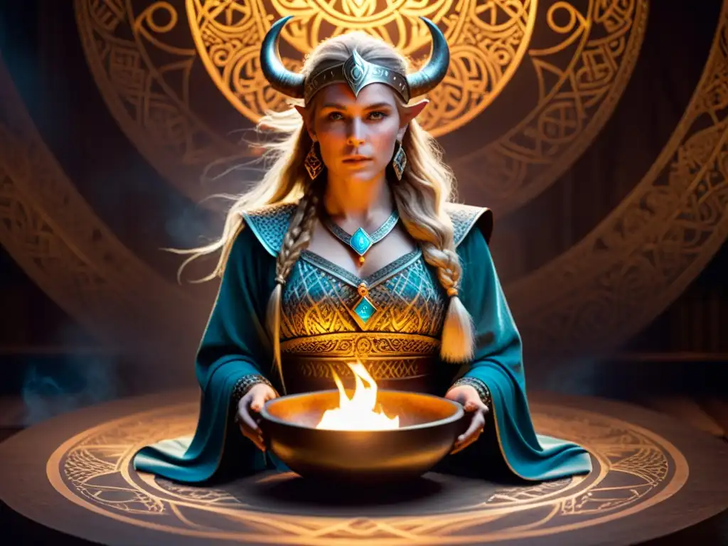 Hechicera Vikinga conjura en misteriosa cámara Una ilustración detallada de la hechicera vikinga Gullveig, conjurando en una cámara misteriosa llena de símbolos antiguos