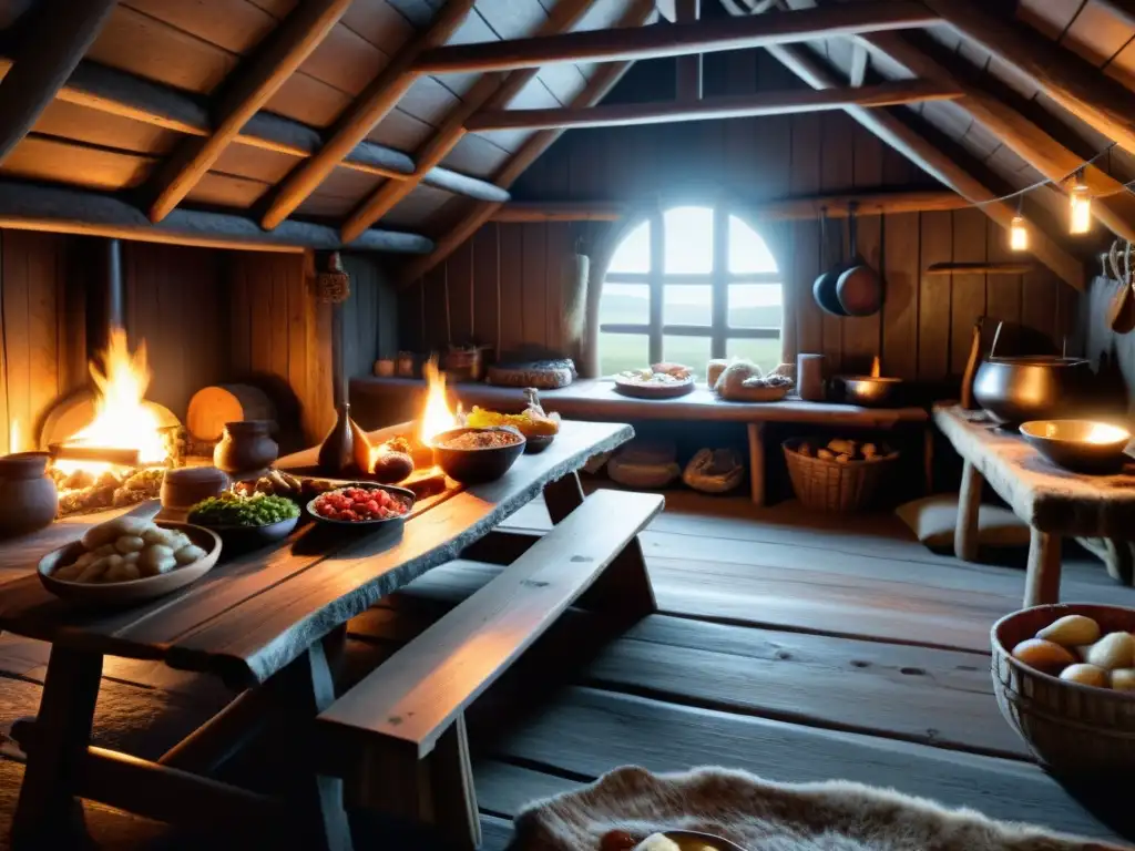 Una ilustración detallada del interior de una casa vikinga, con una mesa de madera repleta de comida tradicional vikinga