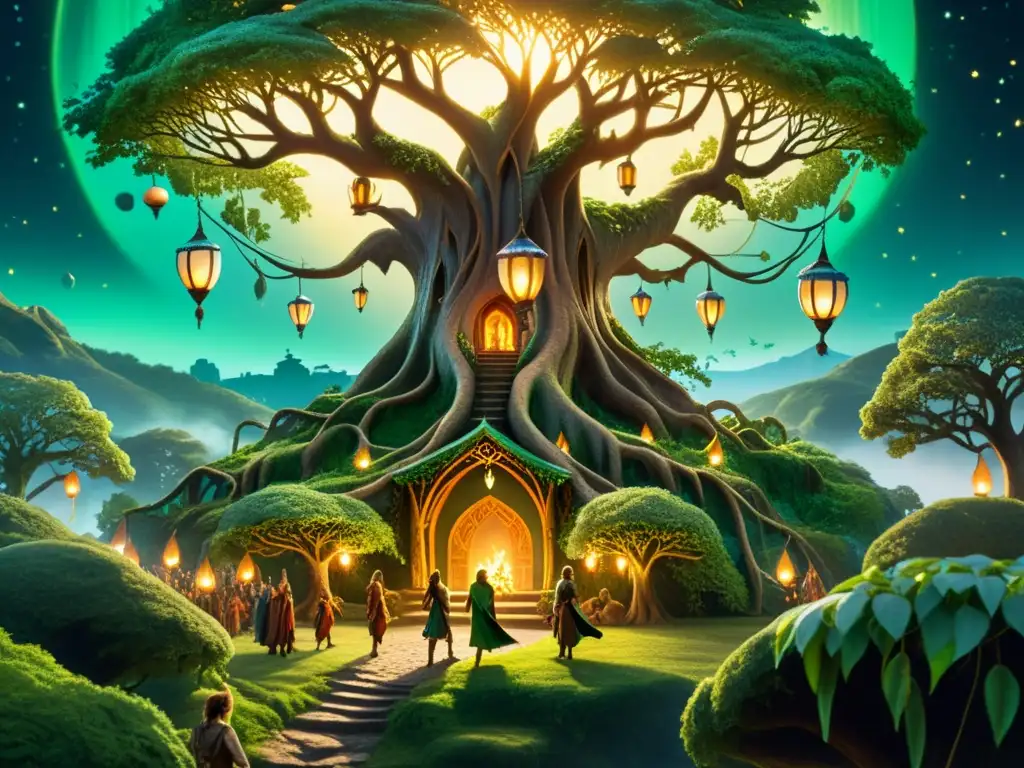La majestuosa ciudad élfica en el árbol ancestral Una ilustración detallada de una majestuosa ciudad élfica en un árbol antiguo, con torres y habitantes élficos