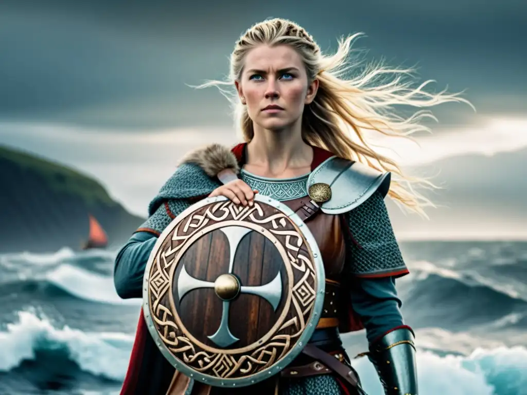 Una ilustración detallada de una mujer vikinga poderosa, con atuendo tradicional y símbolos, sosteniendo un escudo y una espada