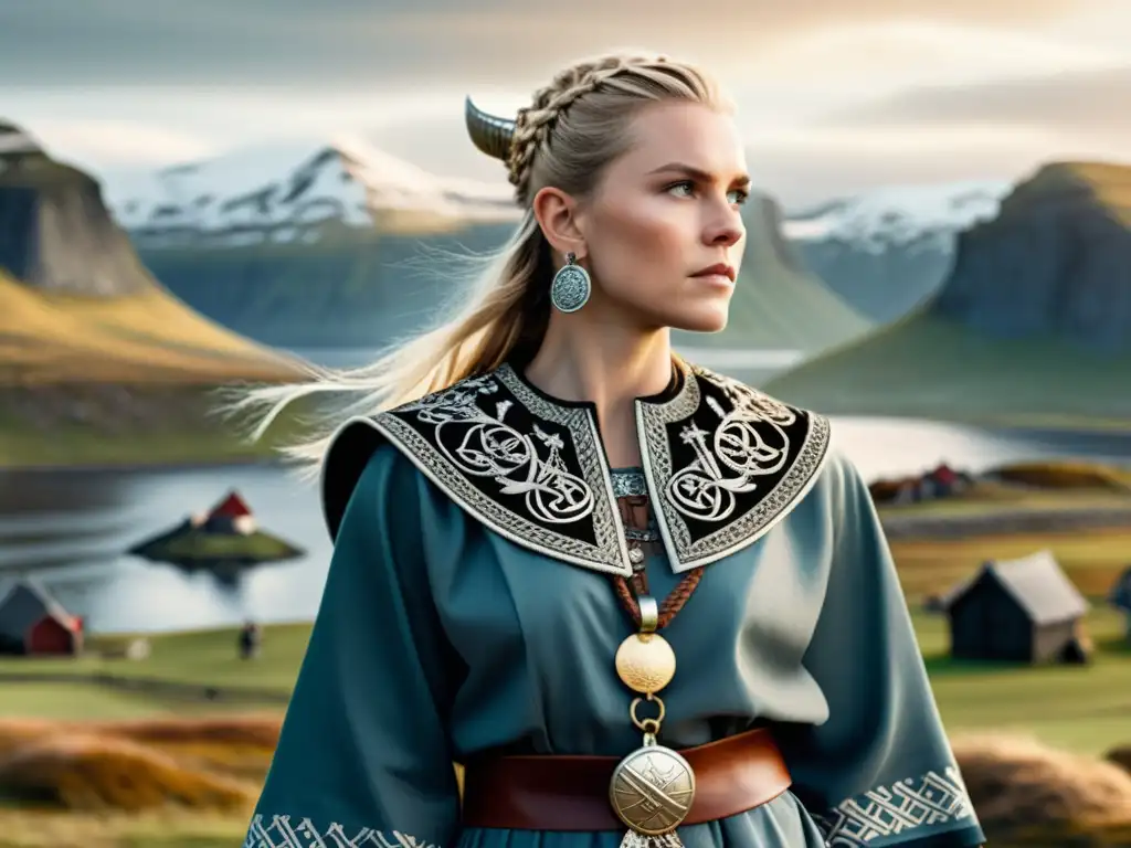 Una ilustración detallada de una mujer vikinga vistiendo atuendo tradicional, con símbolos históricos y accesorios de significado cultural