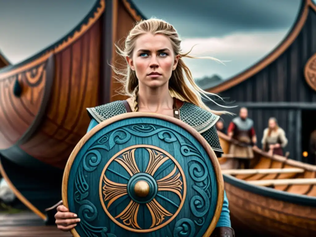 Una ilustración detallada de una mujer vikinga orgullosa frente a su drakkar, con atuendo tradicional y un escudo decorado