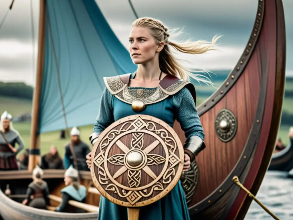 Una ilustración detallada de una mujer vikinga orgullosa en un barco, rodeada de una bulliciosa aldea vikinga donde las mujeres ejercen diversos roles