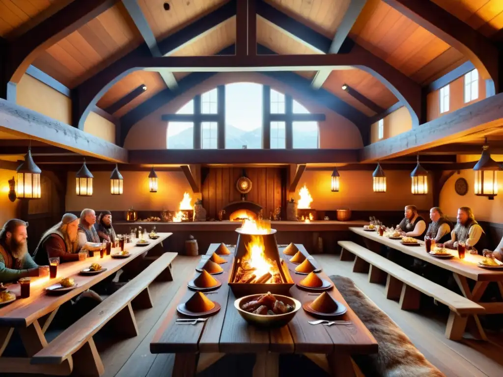 Salón de banquetes vikingo: ilustración detallada en 8k Una ilustración detallada y realista de un gran salón de banquetes vikingo, con comida tradicional en festividades vikingas