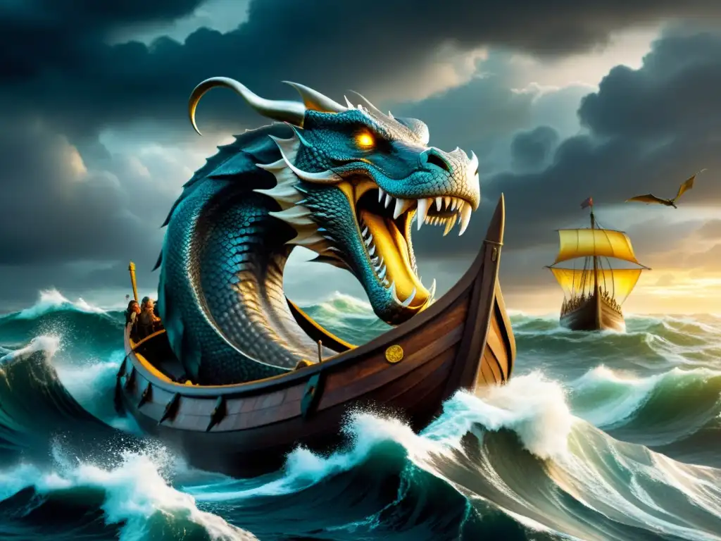 Una ilustración detallada de la serpiente marina Jormungandr enredada alrededor de un barco vikingo en medio de un mar tempestuoso