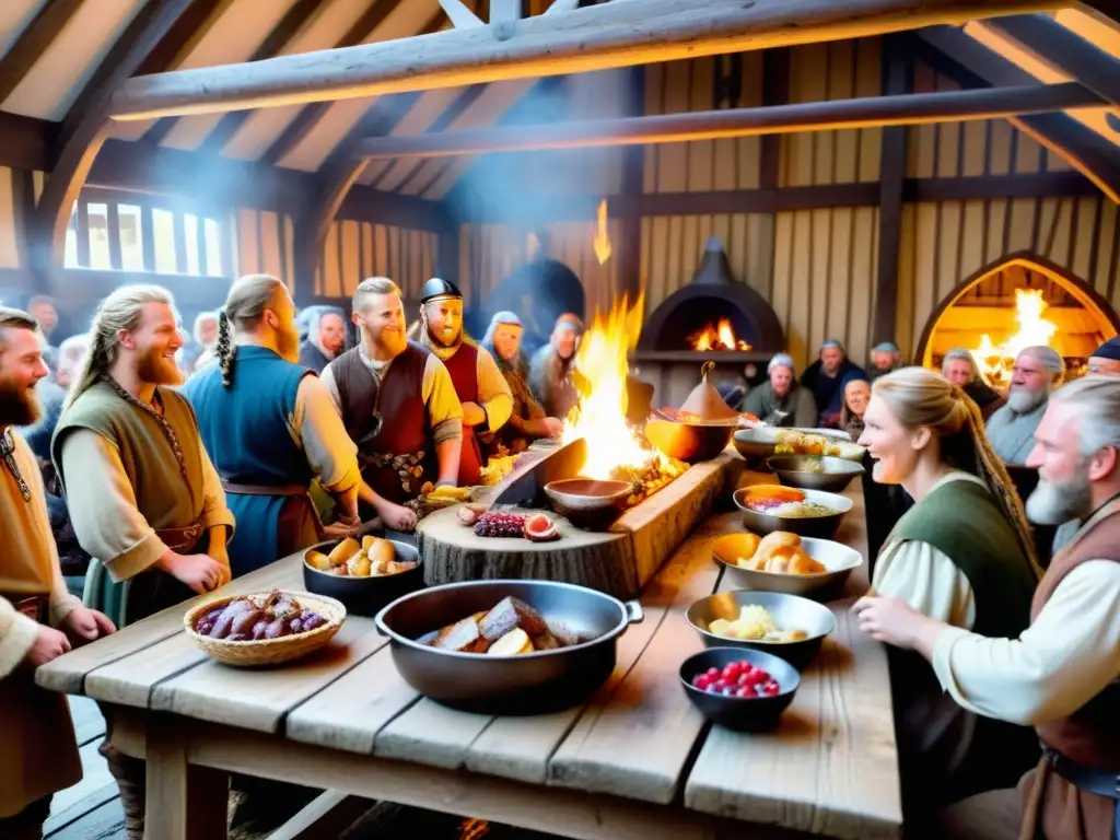 Una ilustración detallada y vibrante de un festín vikingo en una casa larga, con una mesa de madera repleta de alimentos variados y guerreros y aldeanos disfrutando de la comida y la bebida en un ambiente acogedor