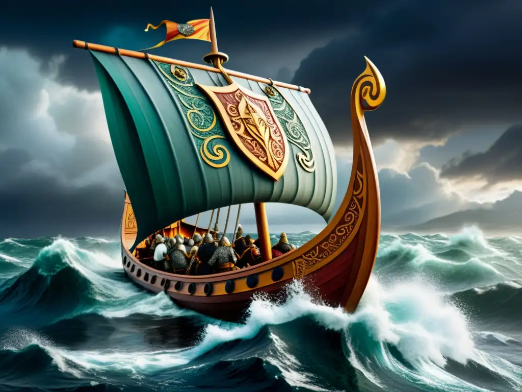 Una ilustración detallada de un drakkar vikingo en aguas turbulentas con guerreros y una serpiente marina, ideal para juegos de estrategia vikingos