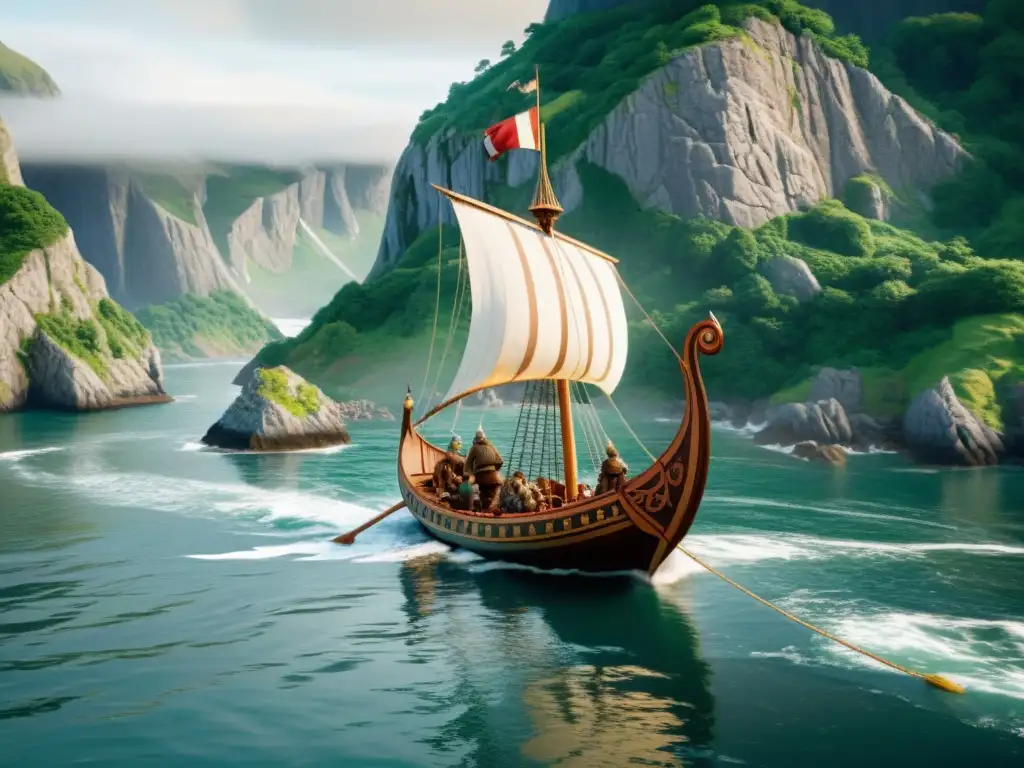 Una ilustración detallada de un drakkar vikingo navegando por la costa de América del Norte antes de Colón, con tripulación vikinga