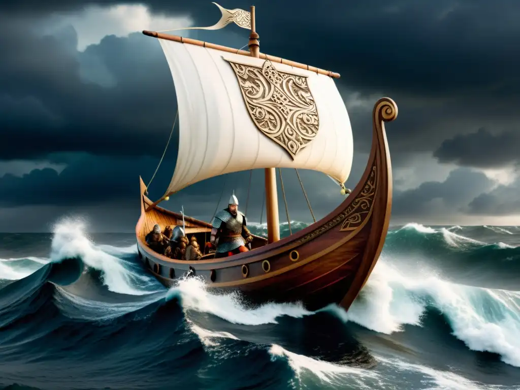 Una ilustración detallada de un drakkar vikingo surcando mares turbulentos, con un cielo tormentoso y armamento de guerra vikinga