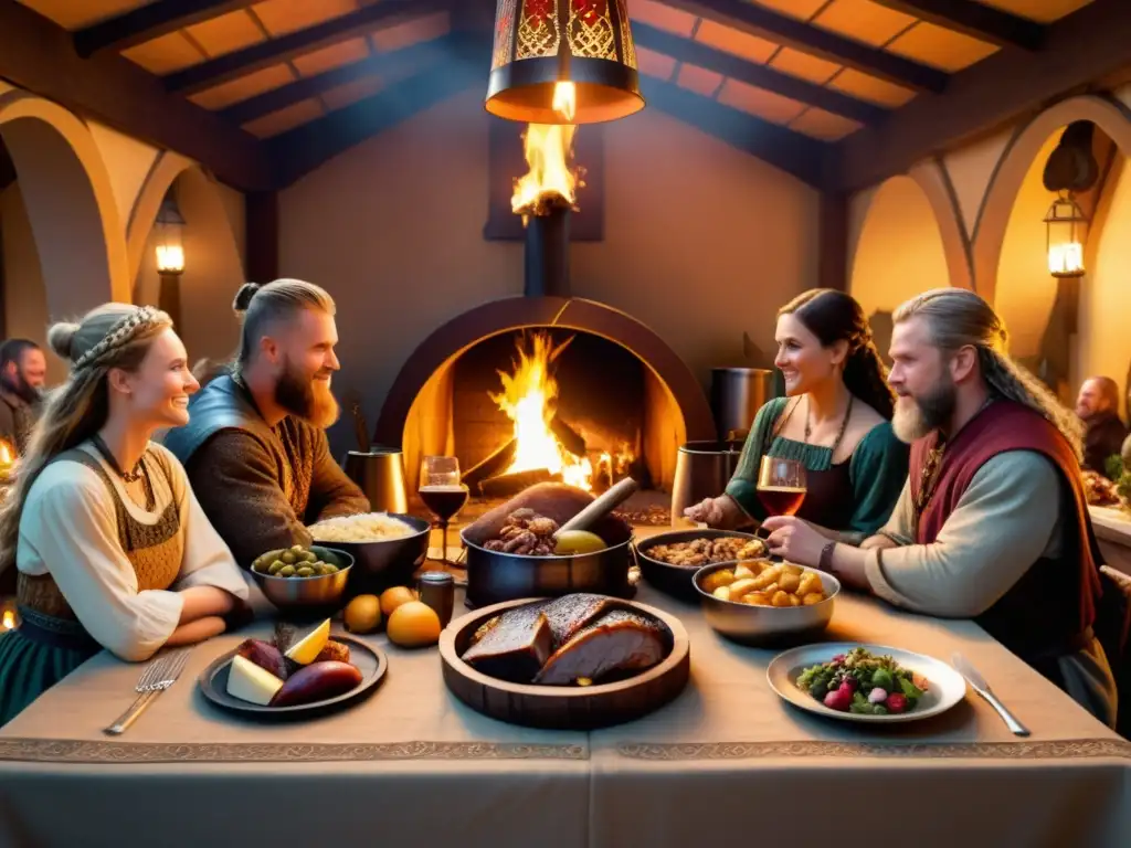 Una ilustración digital detallada de un banquete vikingo en una sala iluminada con una mesa repleta de comida y vikingos disfrutando de la fiesta