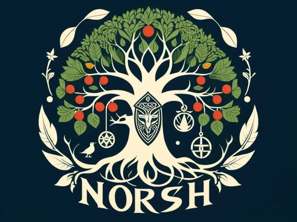 Una ilustración impresionante y detallada de los dioses y diosas de la mitología nórdica reunidos alrededor del poderoso Yggdrasil