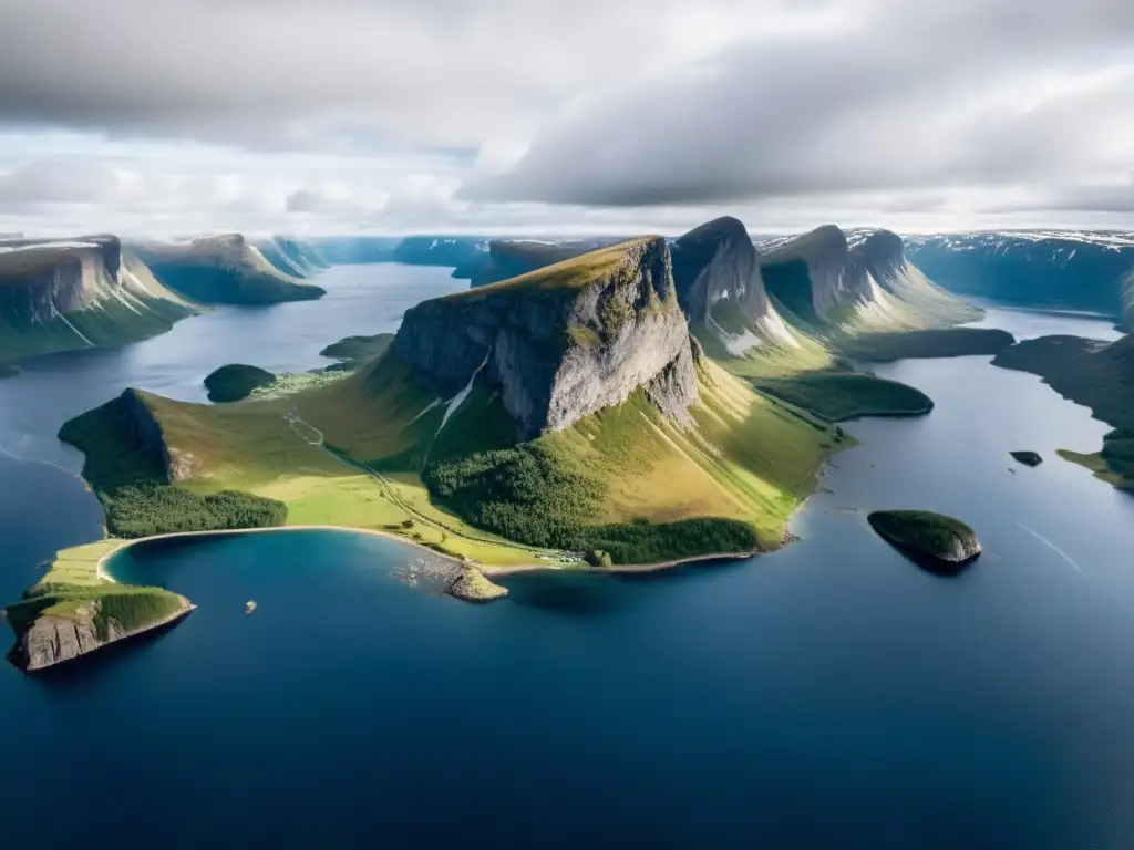 Imagen aérea de paisaje escandinavo con ruinas vikingas y técnicas de prospección geofísica tesoros vikingos