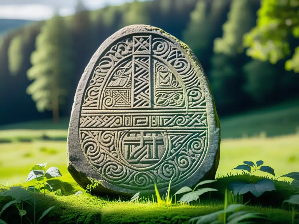 Imagen de una antigua piedra rúnica vikinga en un paisaje escandinavo, con simbología y escritura vikinga tallada