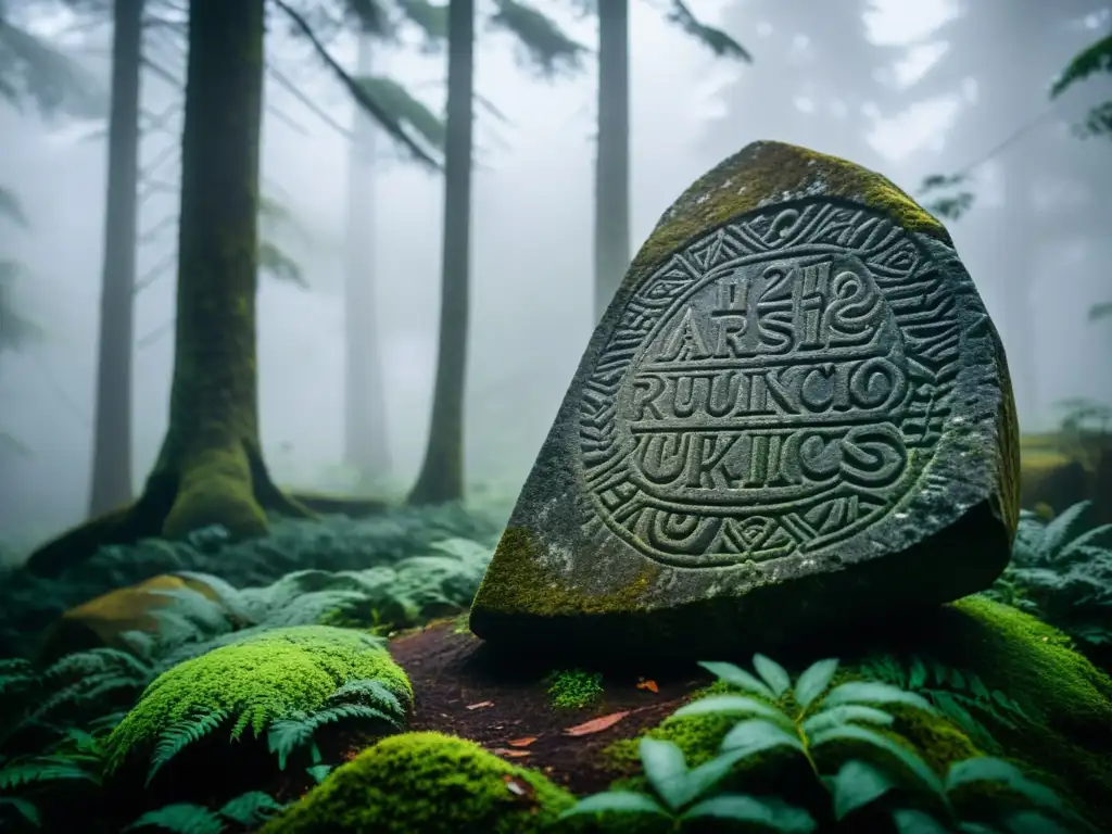 Imagen de una antigua runa vikinga en un bosque neblinoso con un significado mistérico de las runas vikingas