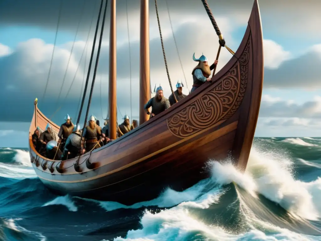 Imagen de un barco vikingo navegando en aguas turbulentas con guerreros preparándose para la batalla, mostrando tácticas de guerra vikinga avanzadas