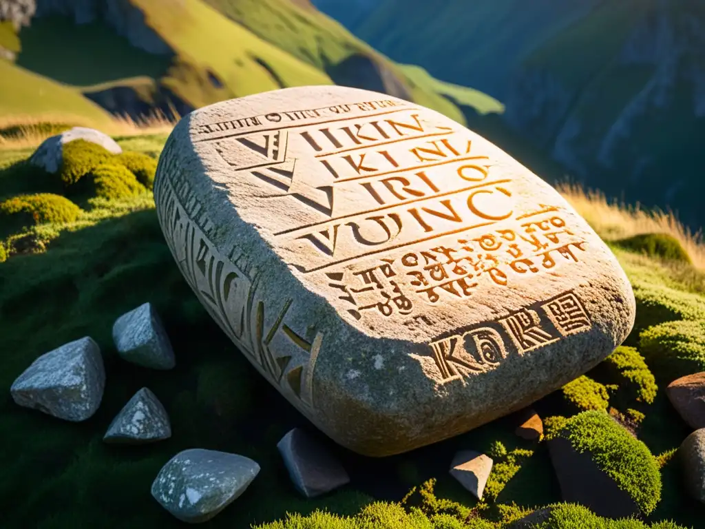 Imagen detallada de una antigua piedra rúnica vikinga con inscripciones, en un entorno misterioso