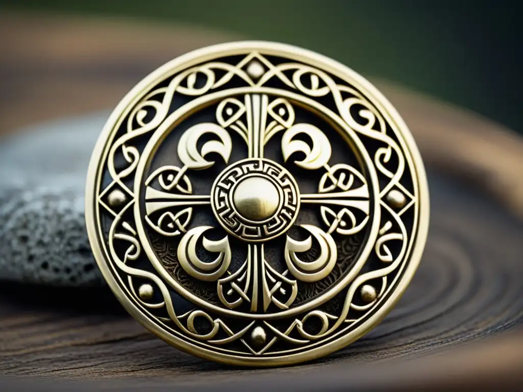 Una imagen detallada de un broche vikingo auténtico, destacando patrones geométricos y motivos animales, ideal para joyería vikinga auténtica y estilo