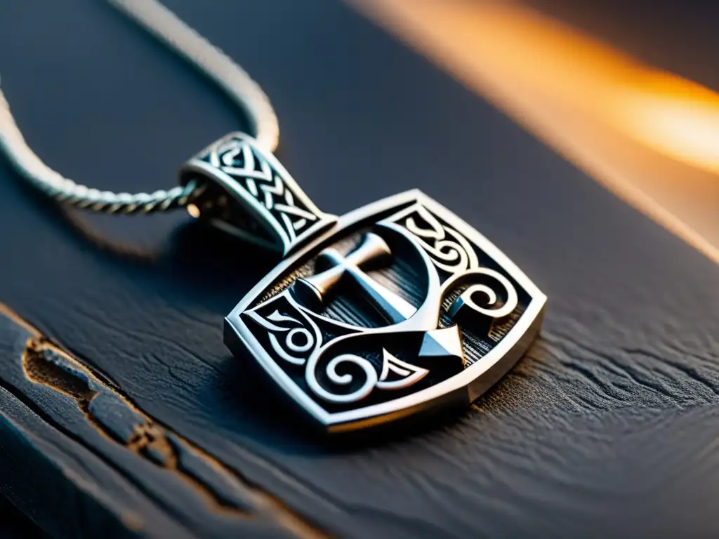 Una imagen detallada de un collar moderno inspirado en Mjolnir, con símbolos nórdicos y un martillo colgante