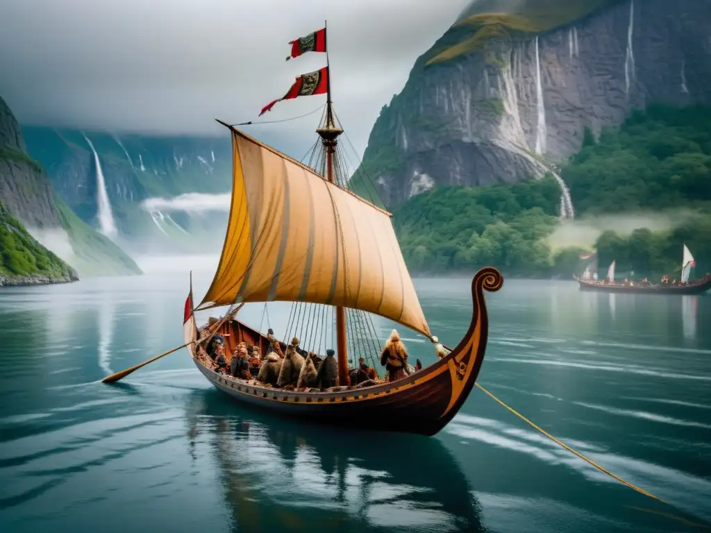 Una imagen detallada de un drakkar vikingo navegando en un fiordo neblinoso, con acantilados y un cielo dramático