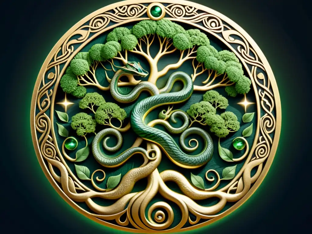 Imagen detallada del gigantesco Jörmungandr enroscado alrededor de Yggdrasil, con criaturas nórdicas