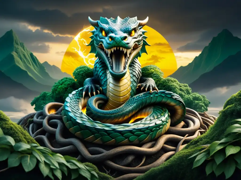 Imagen detallada de Jormungandr, la Serpiente de Midgard, en Yggdrasil