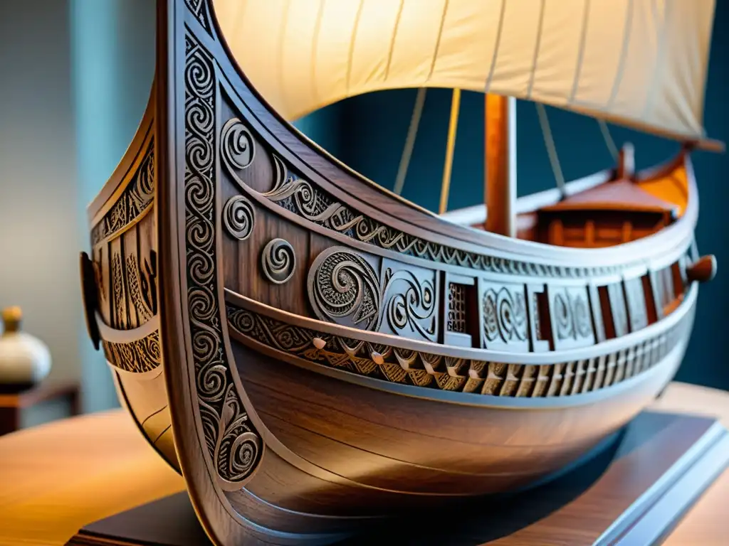 Una imagen detallada de un modelo a escala de un barco vikingo, con intrincados detalles y artesanía, destacando la elegancia y poder