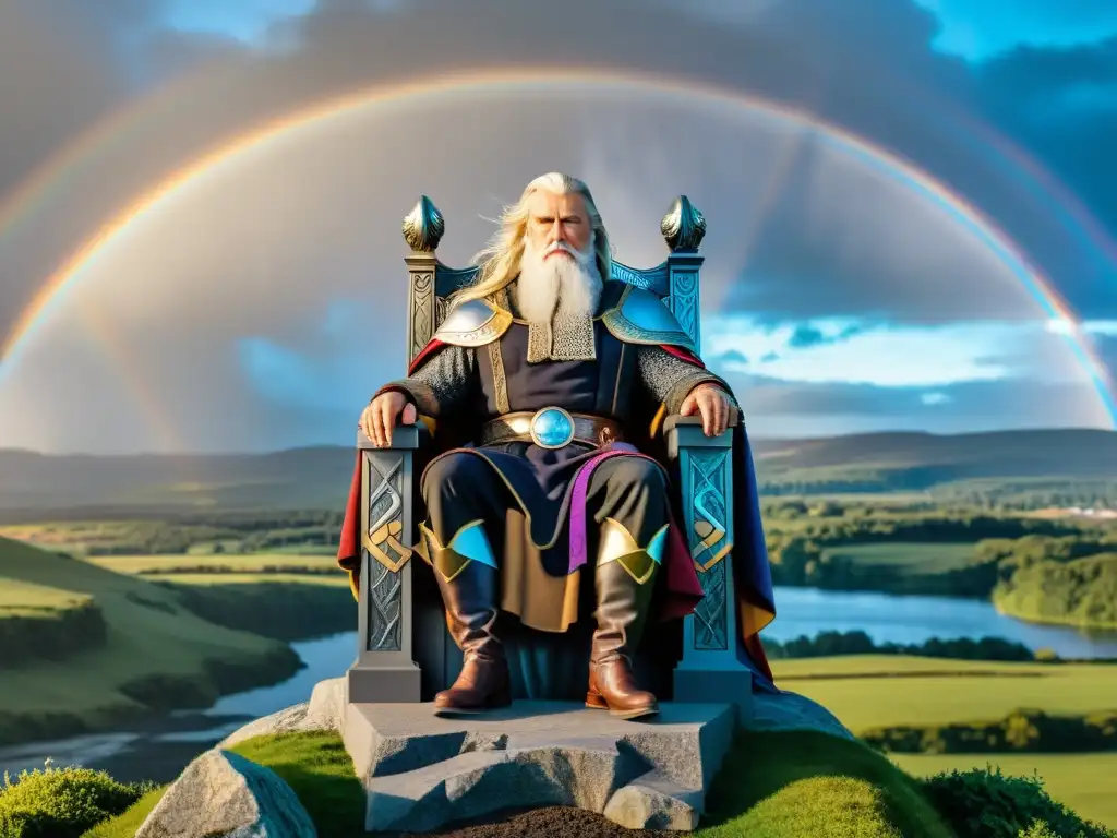 Imagen detallada de Odin, el Padre de Todos, en su trono en Asgard, con Huginn y Muninn