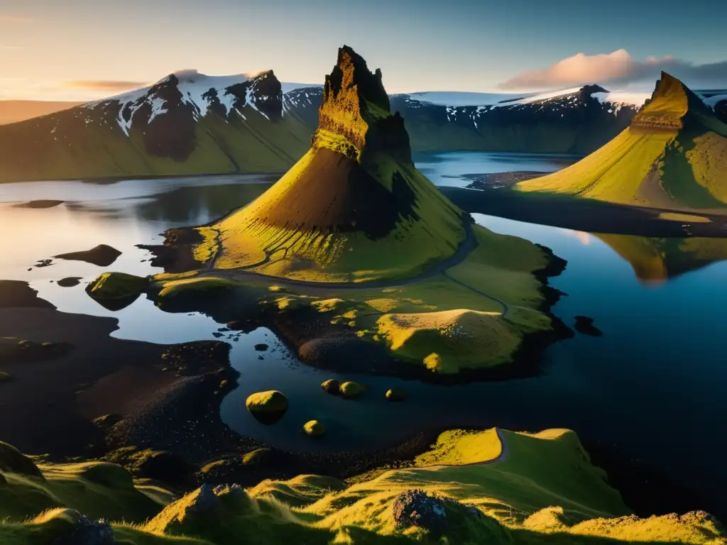 Imagen detallada del paisaje islandés antiguo, con montañas volcánicas, glaciares y un fiordo sereno bajo el sol de medianoche