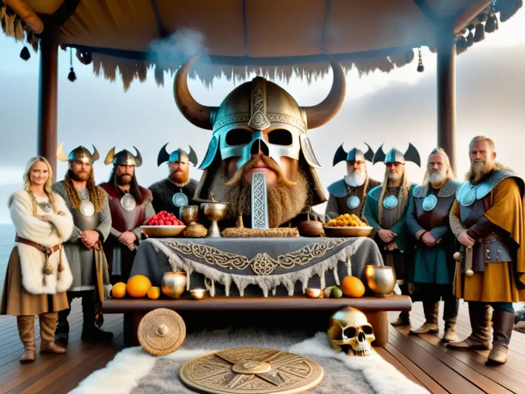 Una imagen detallada de un ritual vikingo con ofrendas en un altar