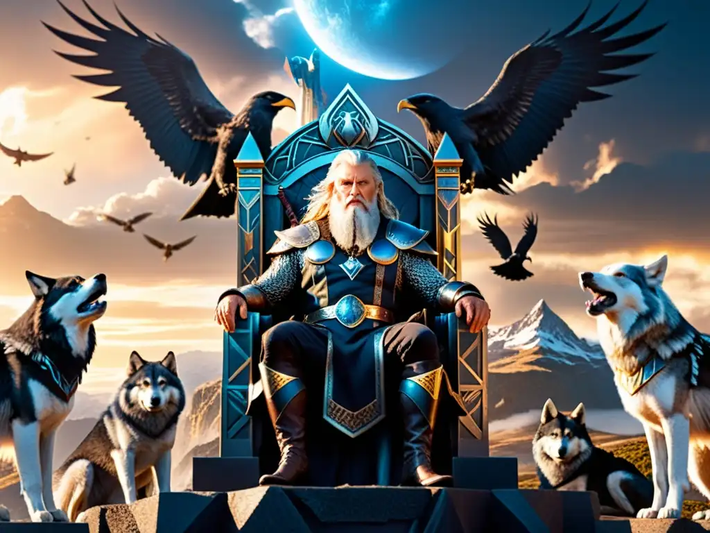 Odín, el Padre de Todos, en su trono en Asgard Imagen 8k detallada de Odin en su trono en Asgard con lobos, cuervos y Gungnir, evocando al Panteón Nórdico dioses poderes