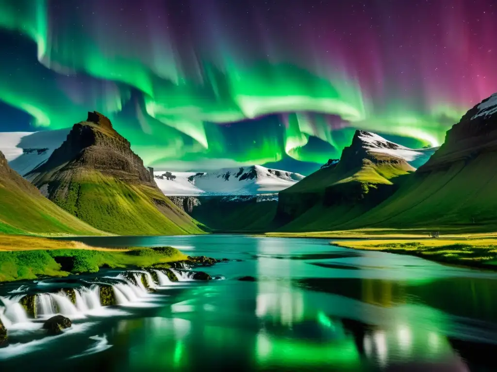 Una imagen que muestra las diferencias entre sagas islandesas y noruegas con paisajes y una nave vikinga bajo las auroras boreales