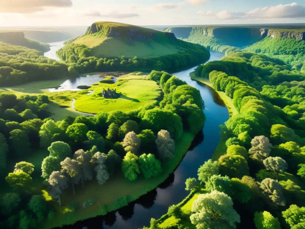 Imagen de escaneo láser 3D de un paisaje remoto vikingo con un denso bosque, un río serpenteante y ruinas antiguas entre la vegetación exuberante