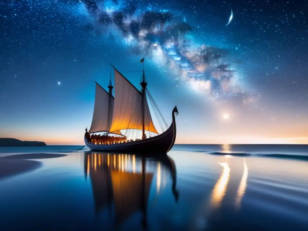 Una imagen fascinante de una nave vikinga surcando grácilmente un océano brillante bajo un cielo estrellado