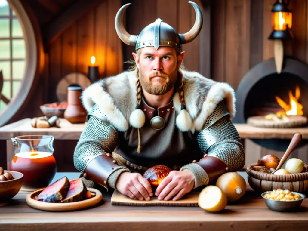 Imagen de un guerrero vikingo disfrutando de una abundante dieta guerrero era vikinga en un festín vikingo con carne, pan y hidromiel