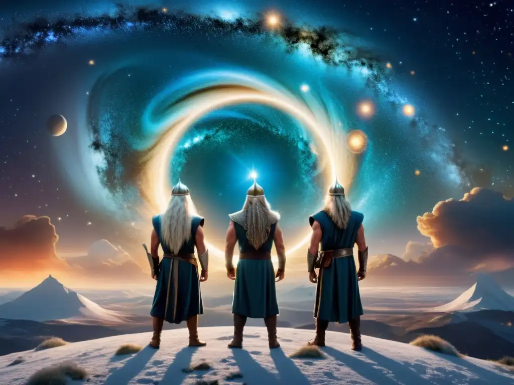 La imagen muestra a los tres hermanos Odin, Vili y Vé creando el universo con su presencia