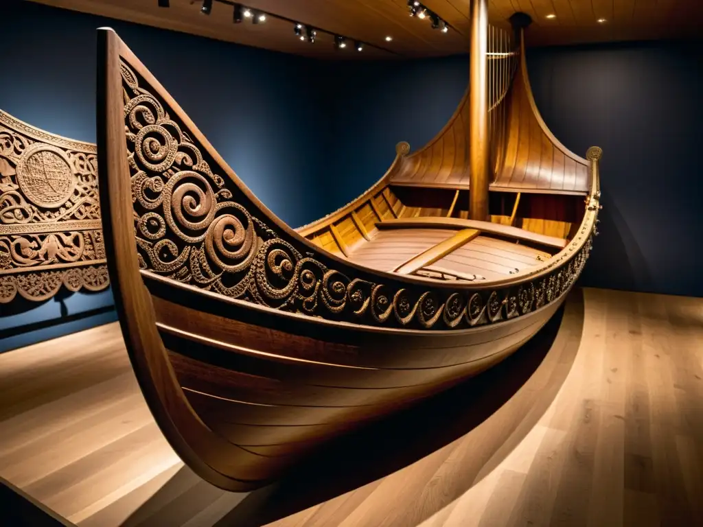 Imagen impactante del Barco funerario de Oseberg vikingo en museo, resaltando tallados y diseño ornamental, con visitantes al fondo