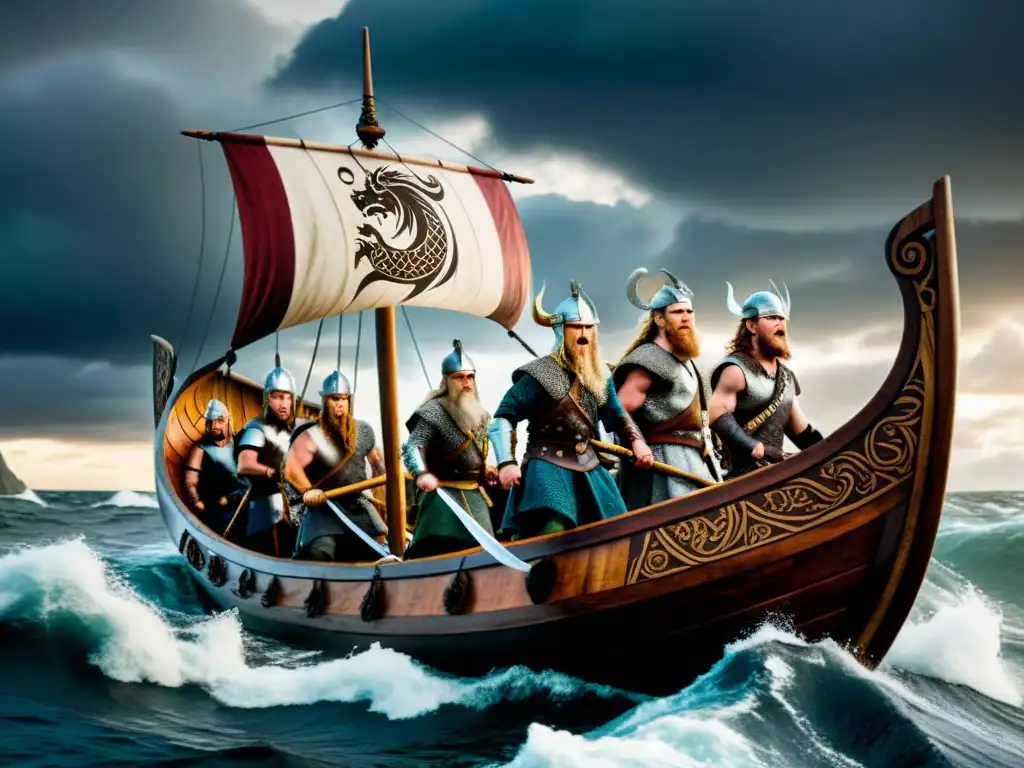 Una imagen impactante de guerreros vikingos navegando en un drakkar, reflejando la influencia vikinga en la sociedad