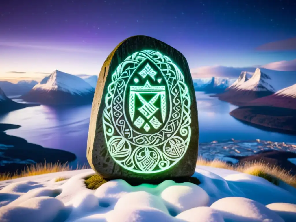 Una imagen impresionante de una piedra rúnica tallada con arte vikingo, iluminada por la aurora boreal en un paisaje escandinavo sereno