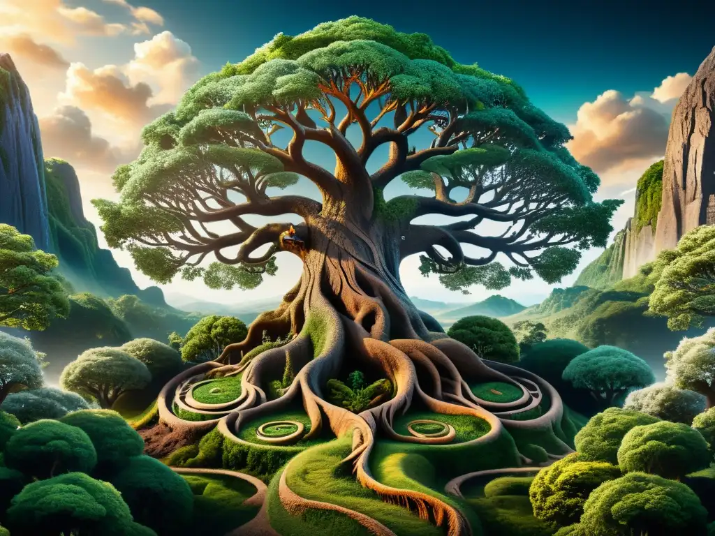 Una imagen mágica del árbol Yggdrasil vikingo con criaturas míticas