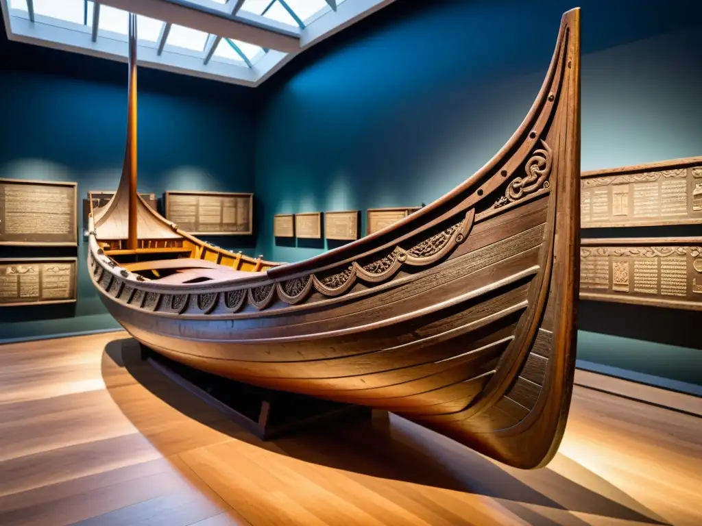 Una imagen de alta resolución de la nave Ladby, un barco vikingo bien conservado exhibido en un museo