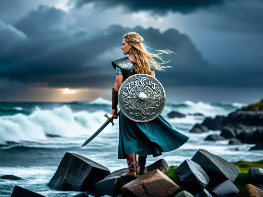 Imagen de una poderosa escudera vikinga en la costa nórdica, representando la fuerza femenina en el Panteón Nórdico