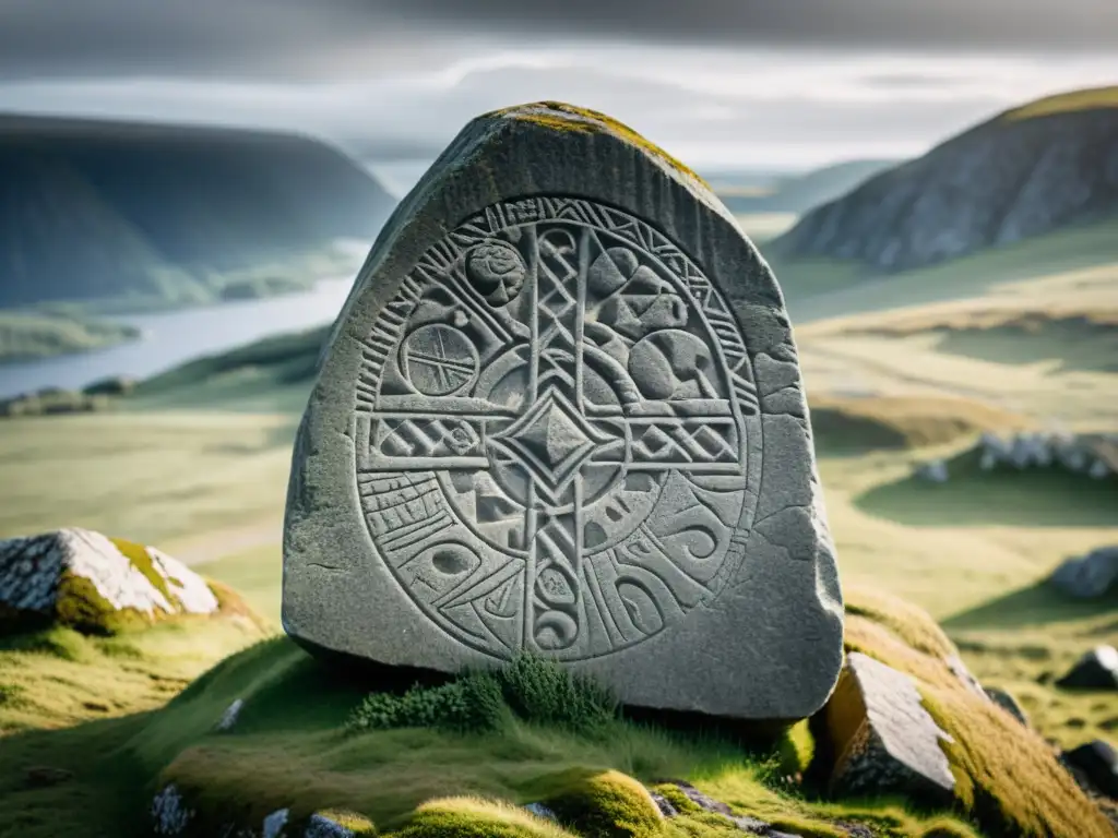 Imagen de una runa vikinga en paisaje mistérico, evocando el significado mistérico de las runas vikingas