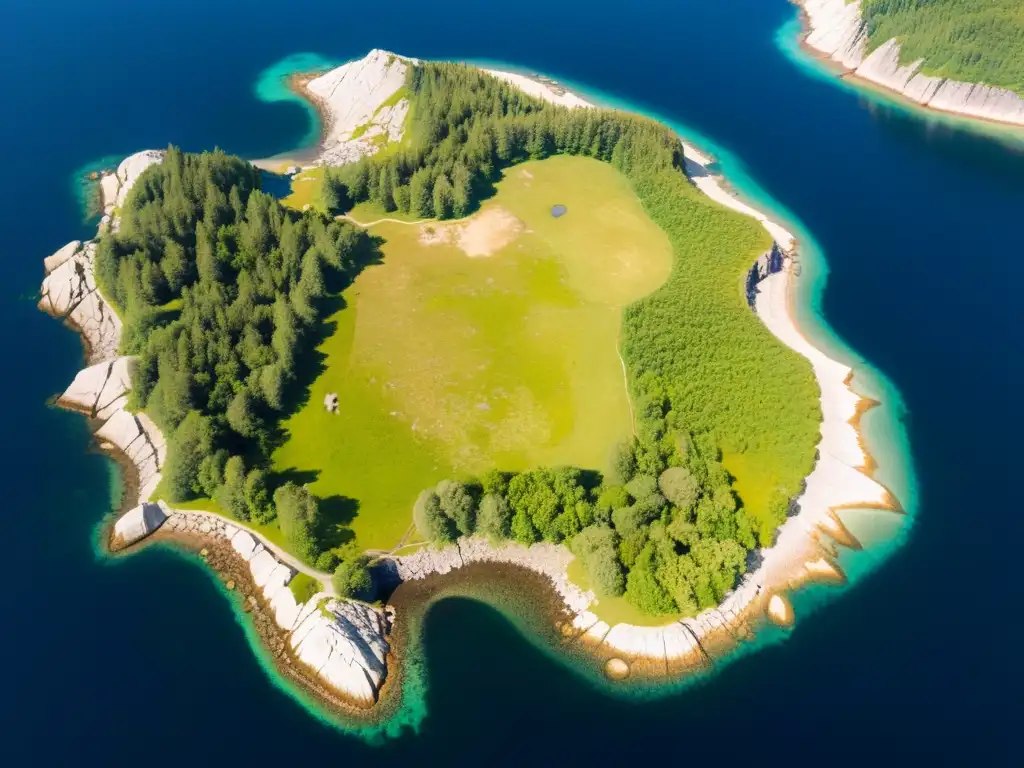 Imagen satelital de una costa escarpada y ventosa en una remota isla nórdica, con ruinas vikingas apenas visibles entre la densa vegetación