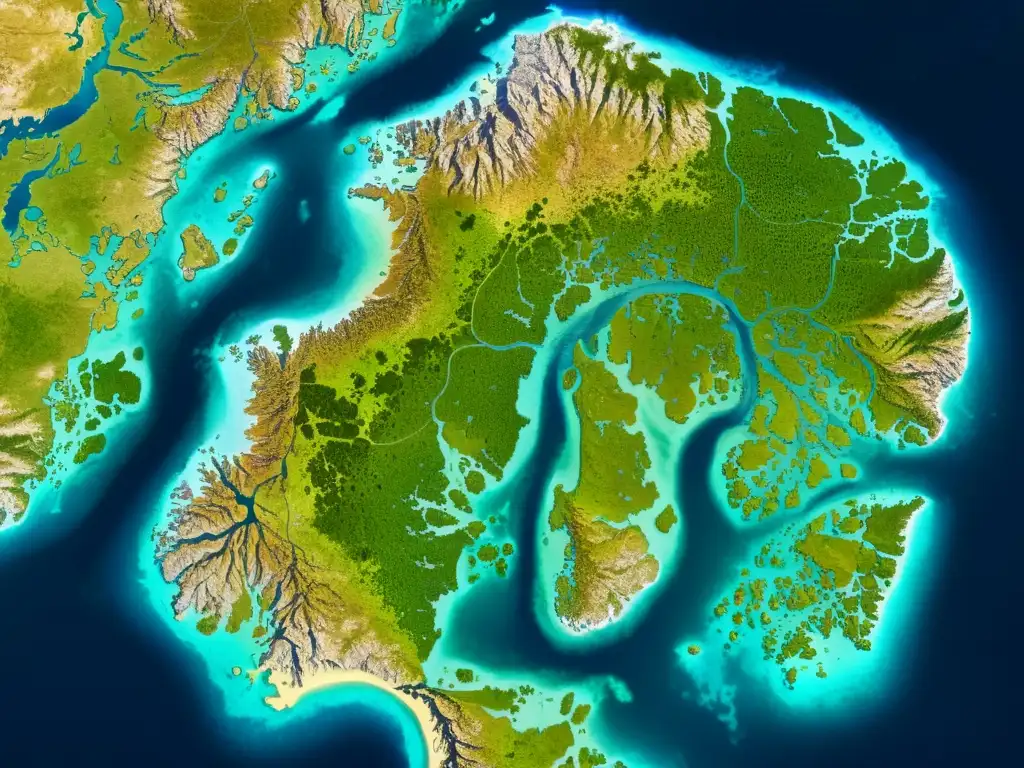 Imagen de satélite detallada de la costa de Escandinavia con topografía, fiordos y asentamientos