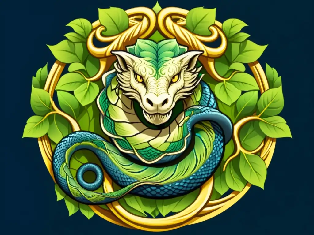 Imagen del simbolismo de Jormungandr en el arte vikingo: la Serpiente Mundial enroscada alrededor de Yggdrasil, el Árbol del Mundo