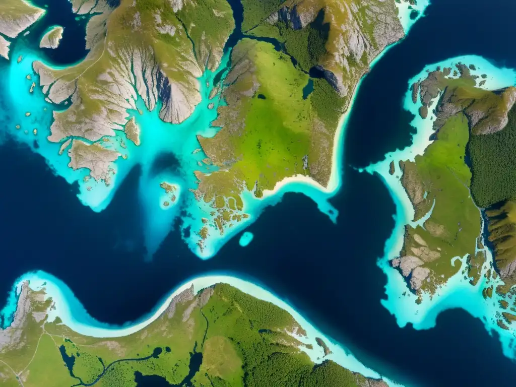 Imágenes satelitales cartografía vikinga: Intrincada red de fiordos y montañas verdes en la costa de Noruega, desafío para exploradores vikingos