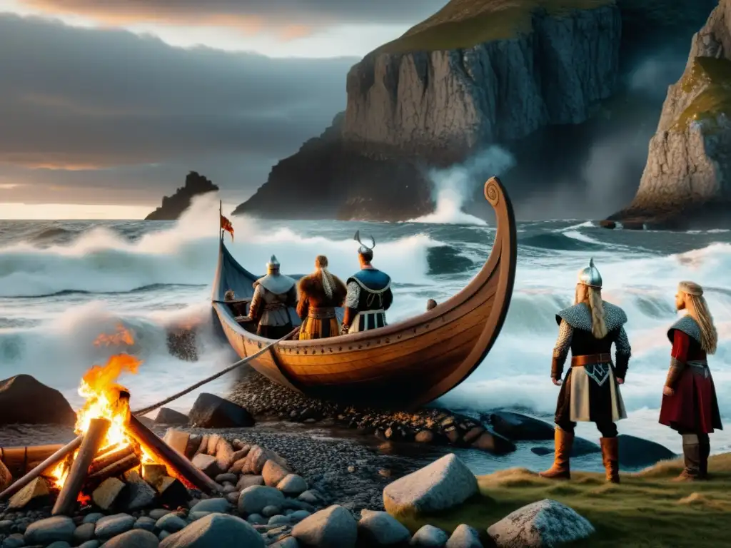 Una impactante ceremonia vikinga anual de quema de barco, con personas vestidas de vikingos rodeando las llamas en una costa nórdica rocosa