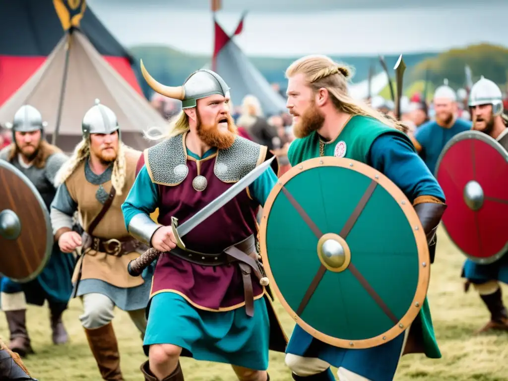 Impactante escena de festival vikingo, con batallas y mercado animado, reflejando la cultura con realismo y entusiasmo