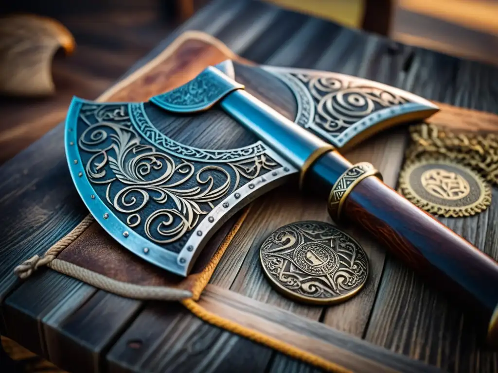 Hacha de batalla vikinga: detalle y artesanía Una impactante imagen de un hacha de batalla vikinga bien conservada con intrincados grabados, rodeada de artefactos vikingos en una mesa de madera envejecida