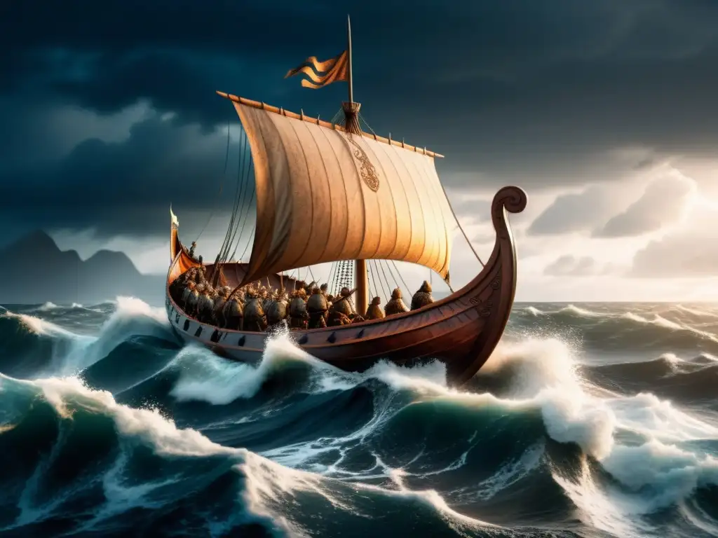 Épica travesía vikinga en tormentoso mar 8k Impactante viaje de vikingos en un barco decorado, enfrentando peligros en el mar